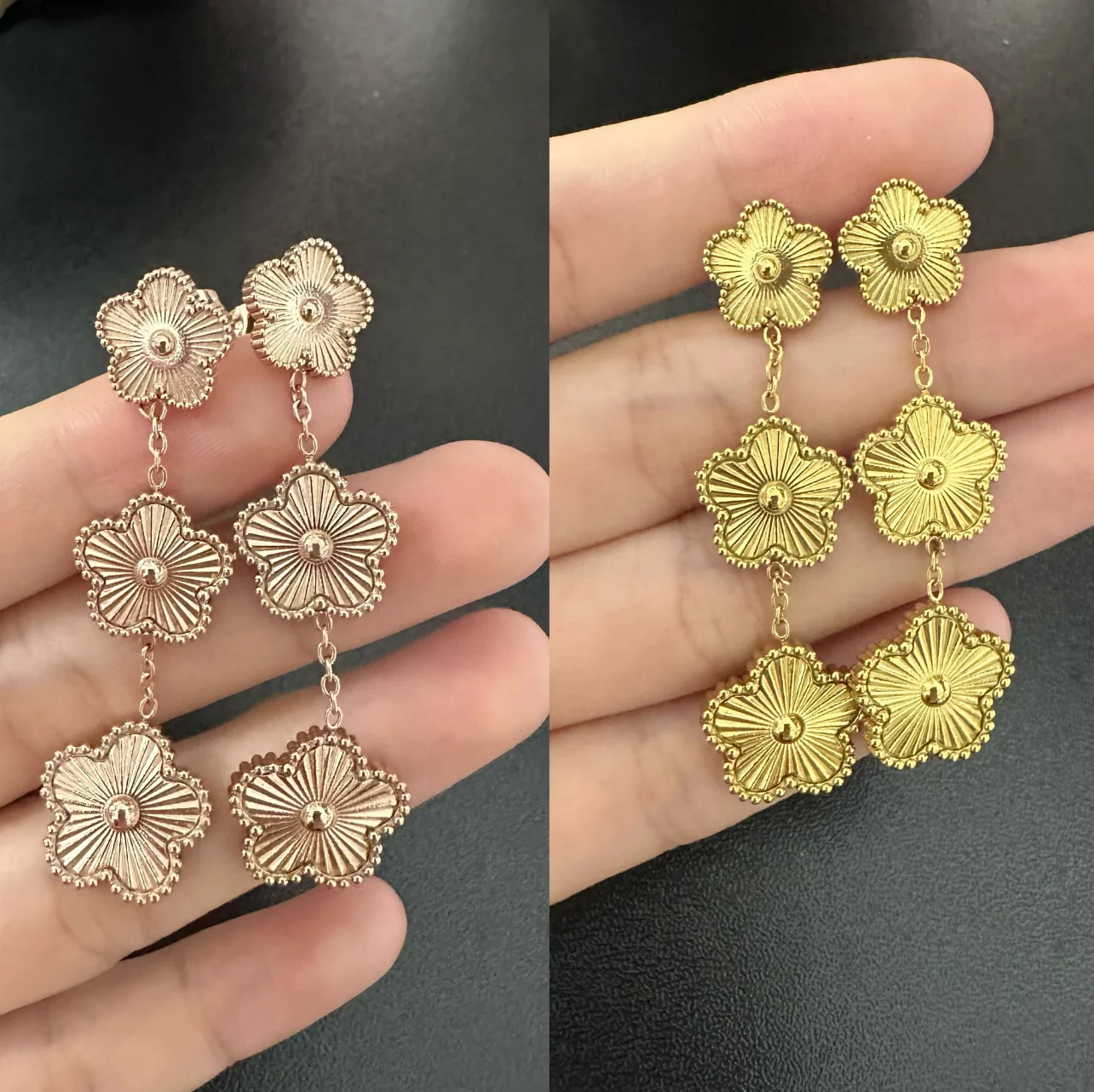 Newly Designed Stainless Steel Metal Five Leaf Plum Blossom Integrated Earrings For Women Non Fading Double-Sided Jewelry Clover