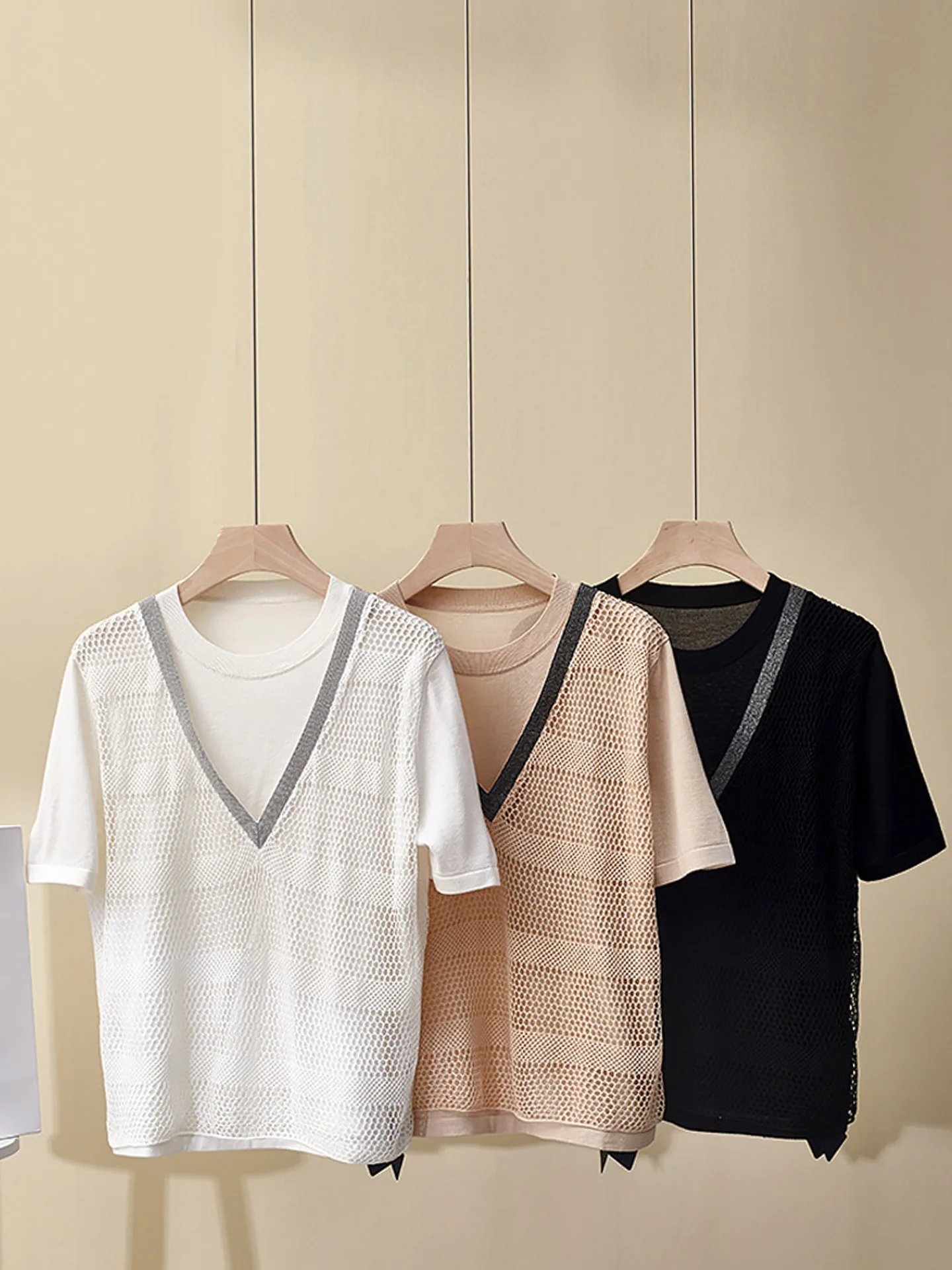 

Summer New Tops V-Neck Loose Casual Versatile Beaded Silk Wool Short-Sleeved T-Shirt