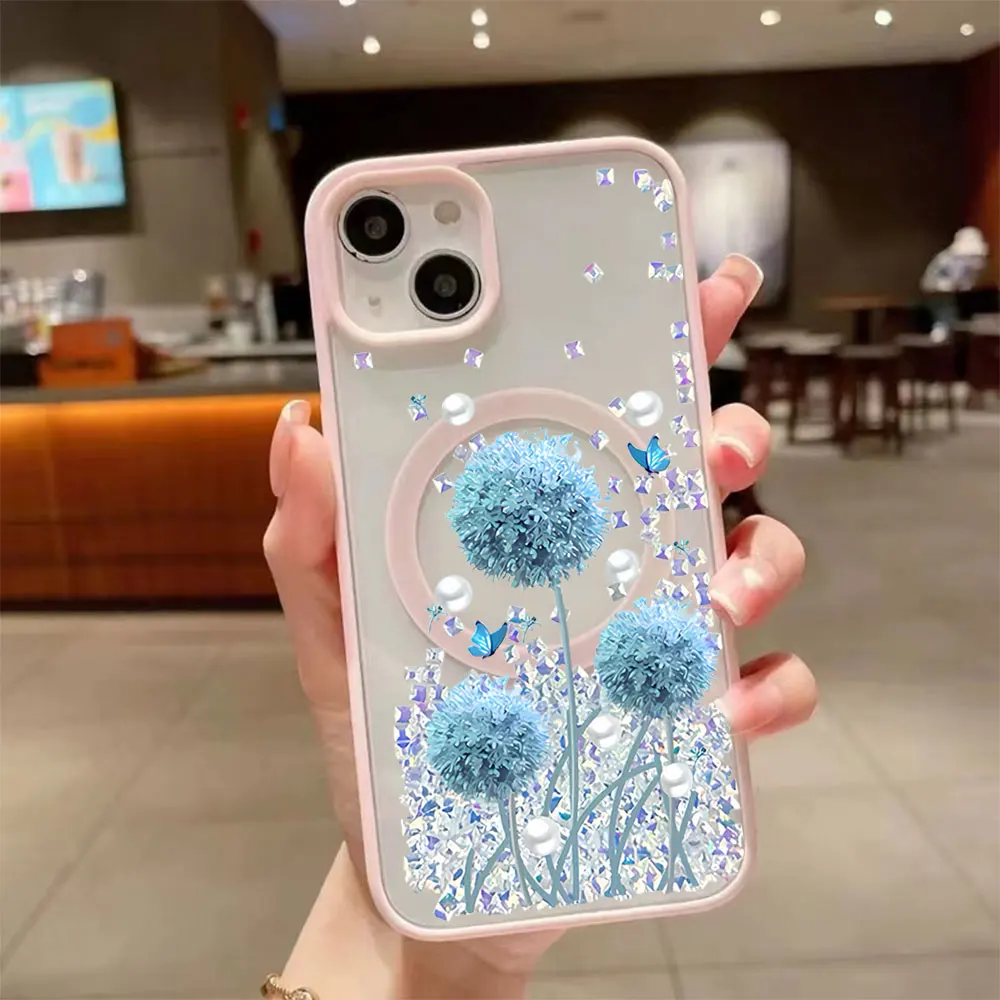 Coque Magnétique Antichoc Transparente Pissenlit Coloré pour iPhone 17 16 15 14 13 12 11 Pro Xs Max Mini Plus Air 16e 17e X XR