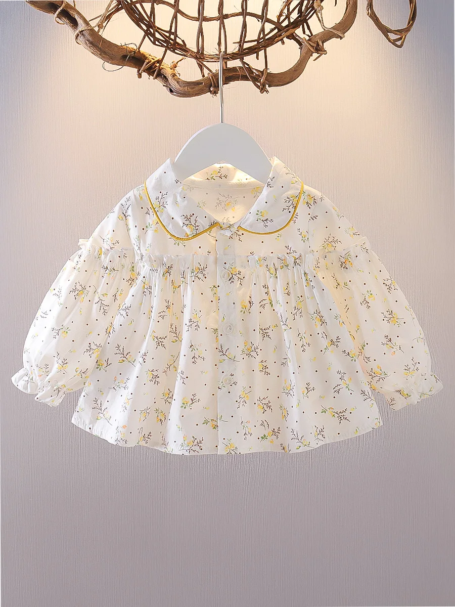 

Милая рубашка с цветочным принтом для маленьких девочек, весна-лето, блузка с длинными рукавами и оборками для девочек, топы в корейском стиле для малышей