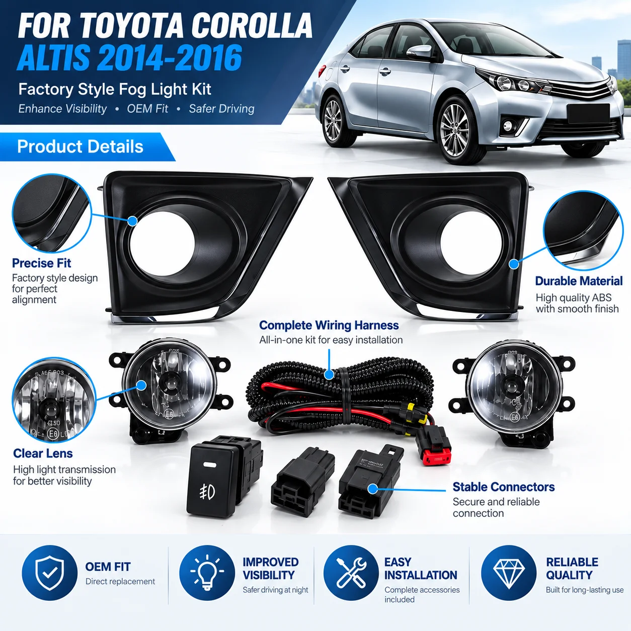 VKY-TY-099E Fog Light Kit For Toyota Corolla Altis 2014 2015 2016 Front Bumper Fog Lamp Complete Set with Switch