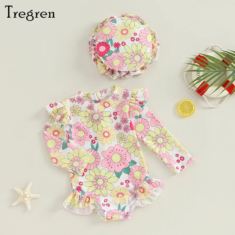 

Tregren Toddler Baby Girls Swimsuit Flower Print Long Sleeve Swimwear with Hat Infant Bathing Suit Summer Monokini Beachwear