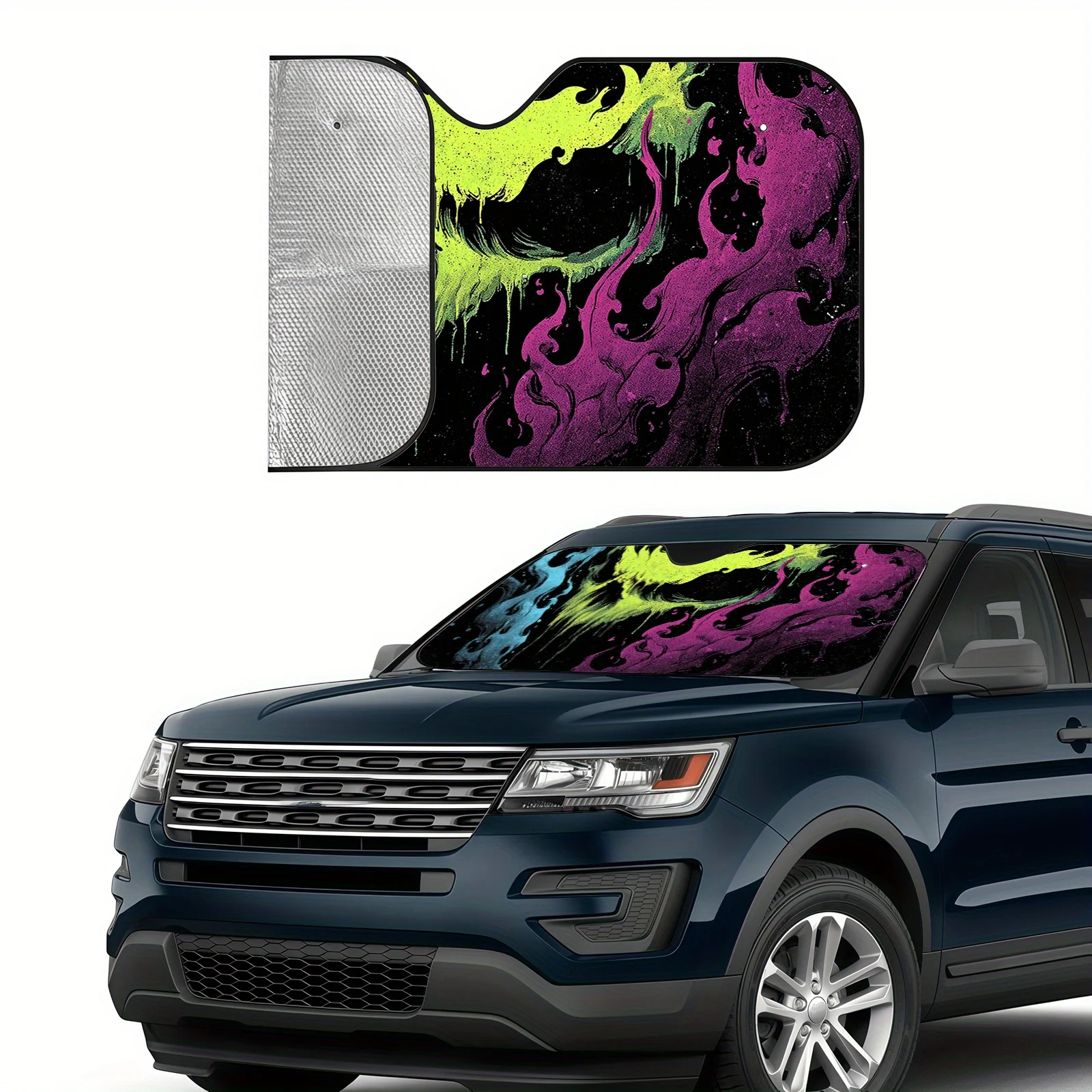 Psychedelic Skull Flame Car Front Windshield Sunshade Comes With Strong Suction Cups, Maintaining Shape Under High Temperatures