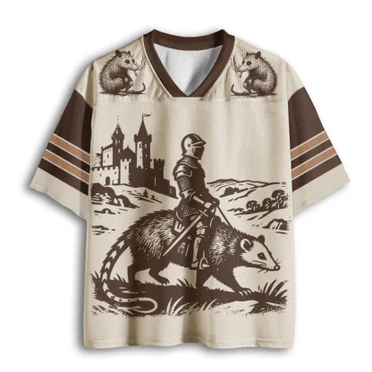 Medieval Knight Ride Opossum Castle Print Men V Neck Mesh Jersey Vintage Woodcut Art Short Sleeve Top