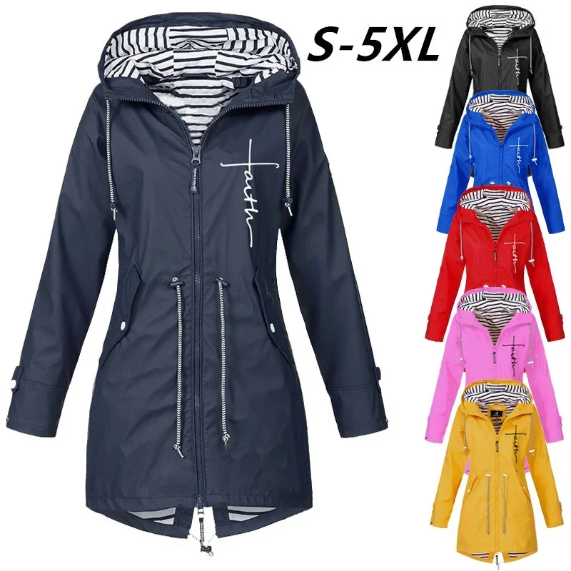 

Spring Autumn Womens Casual Coat Waterproof Raincoat Basic Outdoors Trench Lightweight Drawstring Jackets Hiking Clothing