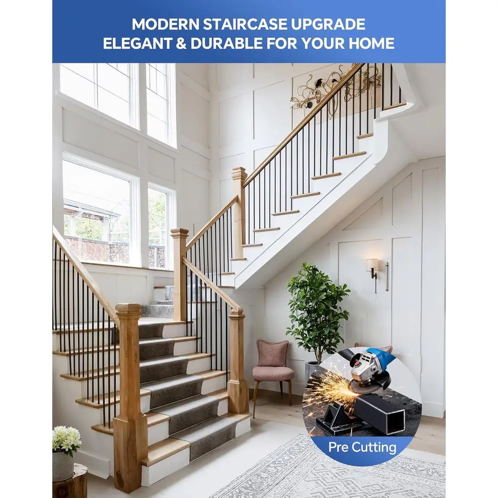 44 Square Hollow Metal Balusters, 32-Pack for Interior Staircase, 1/2 Wrought Iron Spindles, Black Indoor Railing