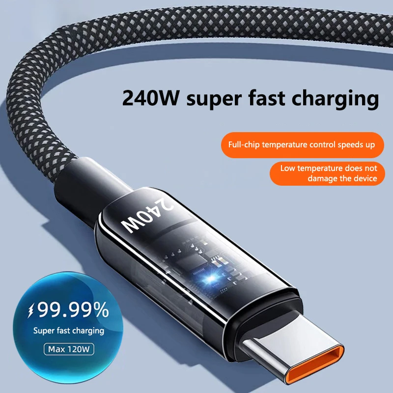 

240W 10A Quick Charging USB C Cable Nylon Braided Transparent Type C High-speed Charger Wire For Samsung Huawei Mi Data Line