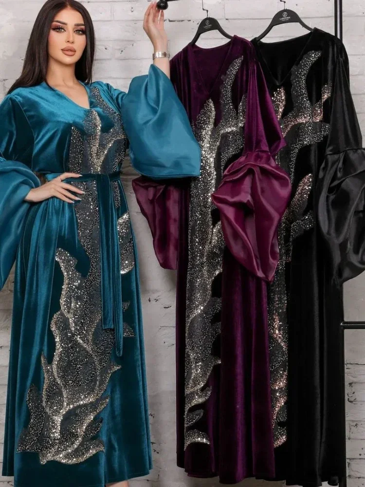 Abito in velluto Msulim Abaya per donna paillettes manica a sbuffo Abaya marocco abito da festa Maxi abiti caftano arabo abito lungo autunno