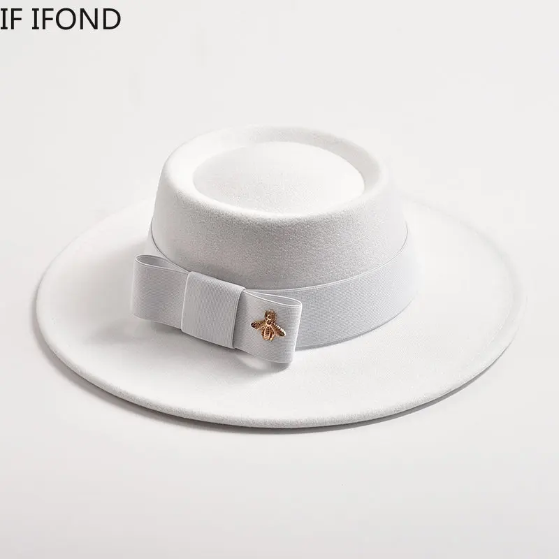 Fedora Hut für Frauen Flat Top konkaven Design elegante Dame Bogen Filz Jazz Hüte bunte Hochzeits feier runde Kleider mützen