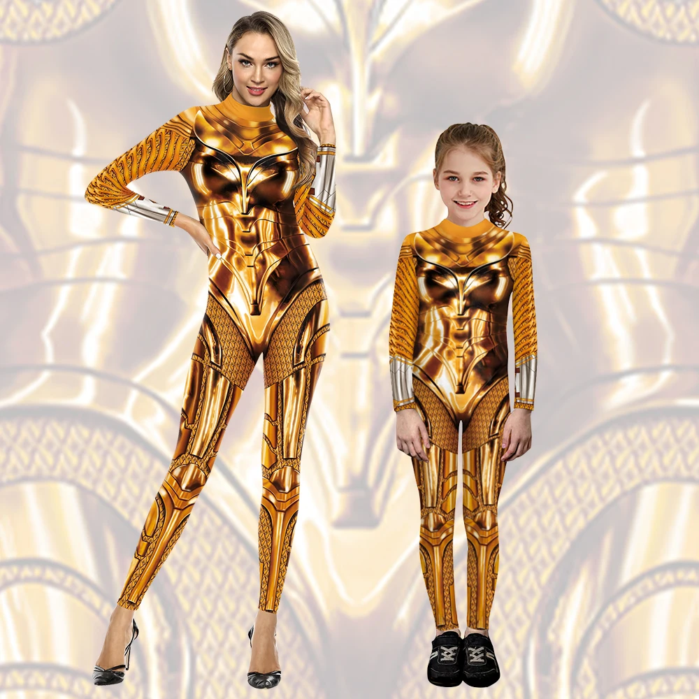 

Halloween Women Superhero Cosplay Costume golden Printed Jumpsuits Outfit Fancy Dress up Carnival Party Clothing Matching Outfit