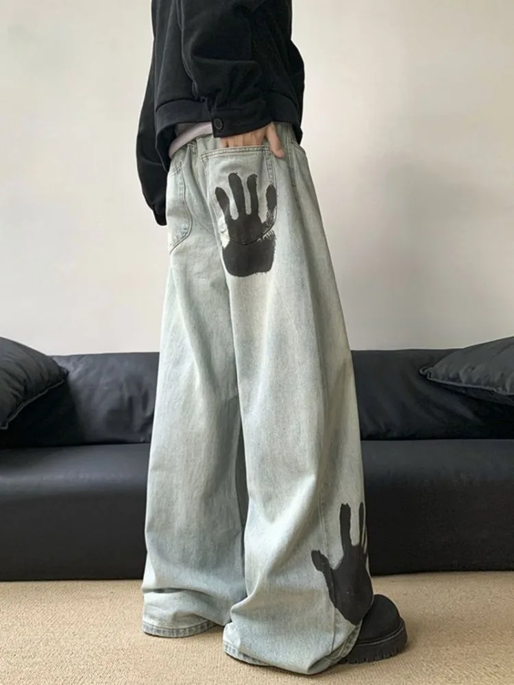 

Men's Palm Print Design Wide Leg Unisex Jeans Cool Girl Fashion Bottoms Denim Trousers Male High Waist Regular Pants Baggy Jeans