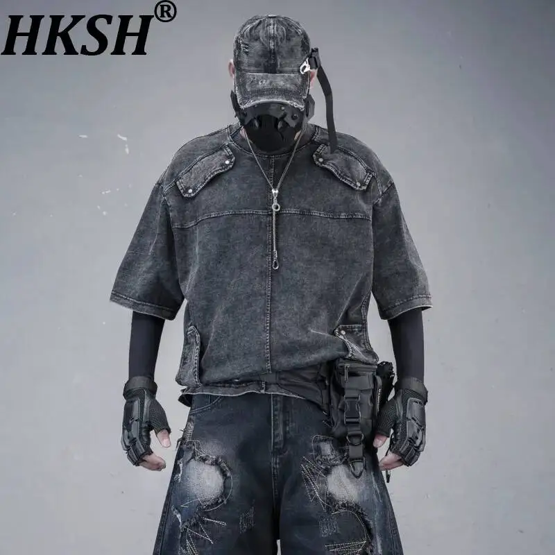 HKSH Waste Land American Trendy Brand Heavy Washed Distressed Personalized Patchwork Niche Short-Sleeve T-shirt Tees Top HK25065