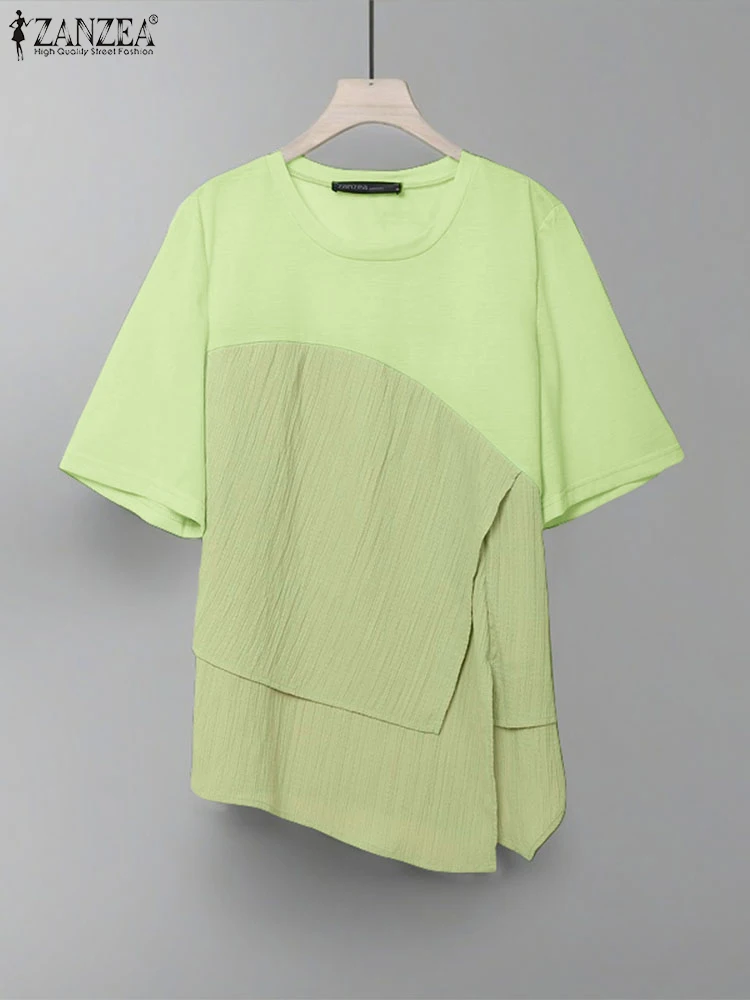 

ZANZEA 2025 Women Blouse Casual Color Patchwork Tops Fashion Asymmetrical Tunic Summer Short Sleeve Pullover O-Neck Blusas