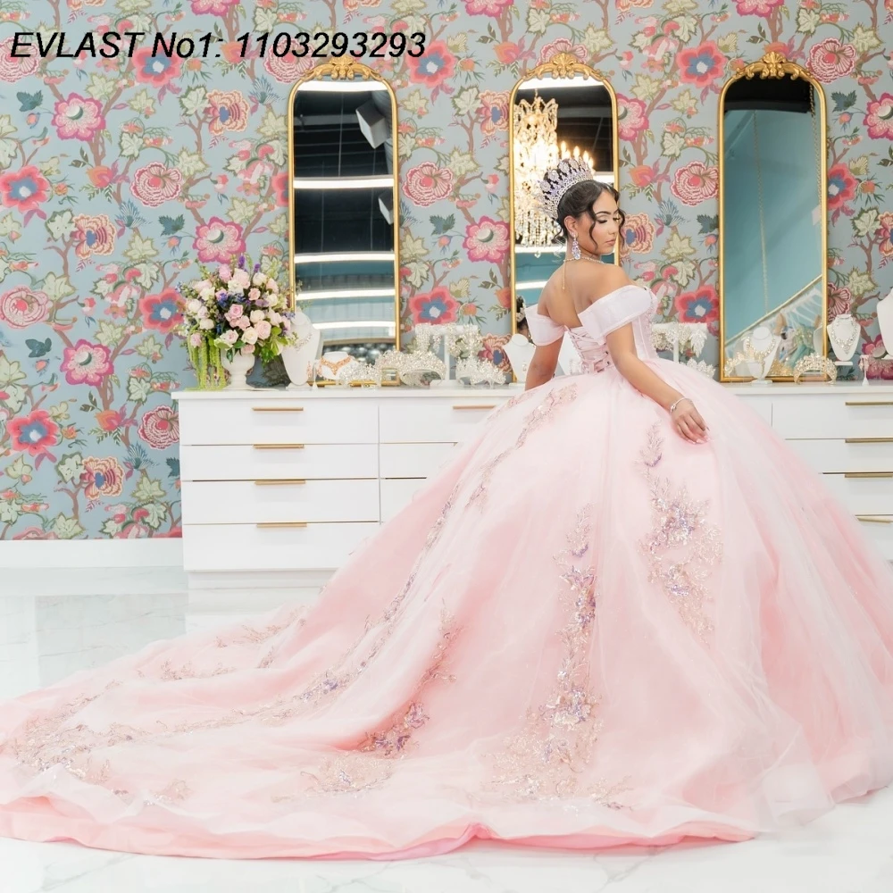

EVLAST Customized Glitter Pink Blush Quinceanera Dress Ball Gown Shiny Lace Applique Beaded Sweet 16 Vestidos De 15 Anos E1QN573