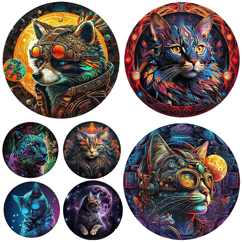 

Punk wind wooden jigsaw puzzle cat dark wind science fiction cat color animation adult children's party gift wood and unique.