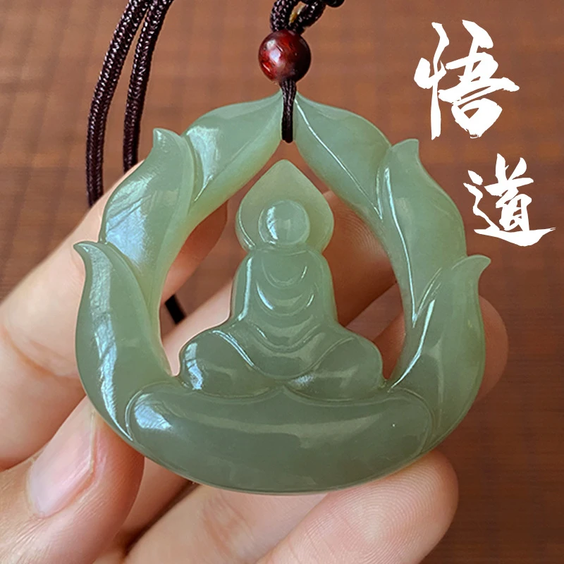 Hetian Enlightenment Men and Women, Hollow Buddha Figurine , Heart-Shaped Necklace Jade Pendant