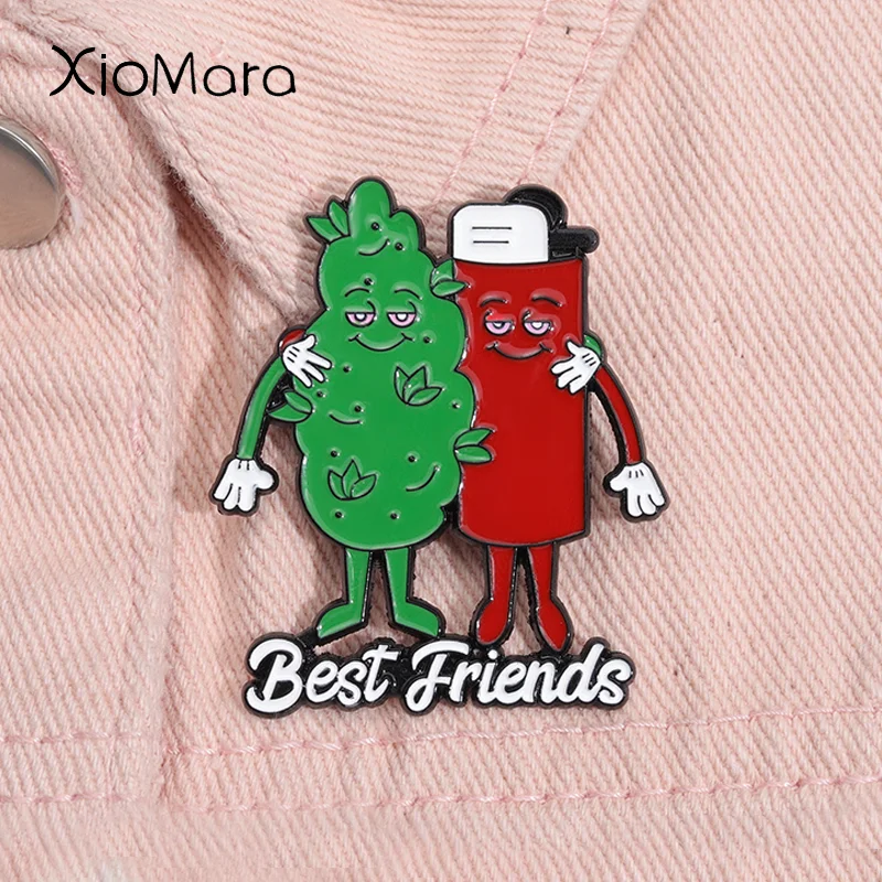 Best Friend Enamel Pins Green Color Tobacco Plant Red Lighter Perfect Partner Brooch Lapel Backpack Badges Jewelry For Friends