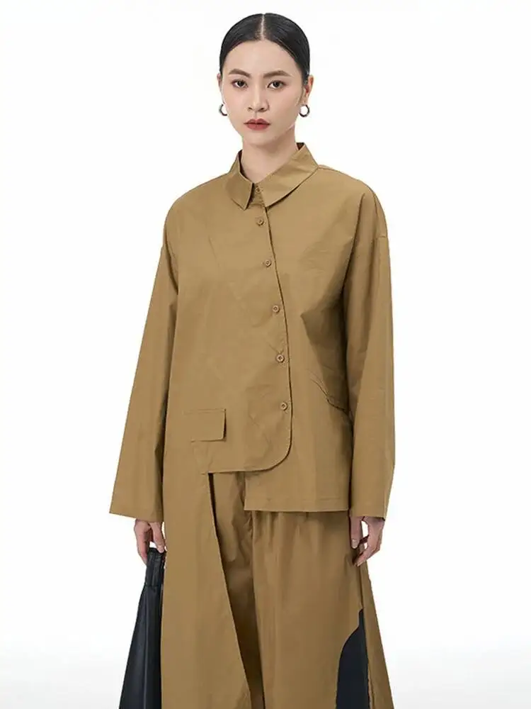 

Khaki White Women Irregular Hem Big Size Long Blouse New Lapel Long Sleeve Shirt Fashion Spring Autumn 2026 HT6N