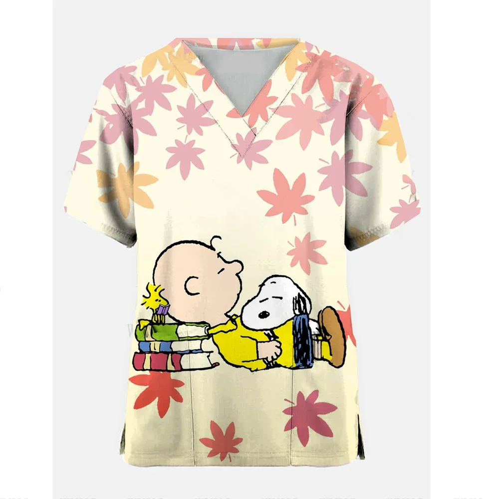 Women T Shirt Nurse Uniform Cartoon Snoopy Print V-Neck Pocket Medical Cartoon Nursing Scrubs Uniforme Enfermera Women Clothing