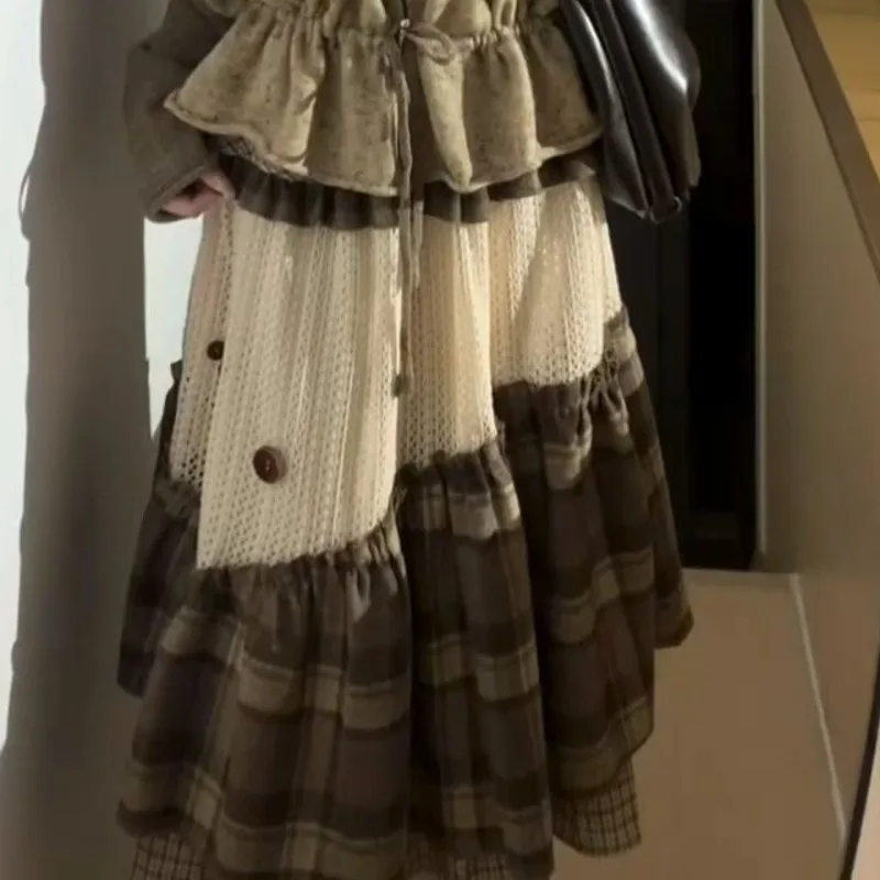 Womens Autumn Winter Korean Fashion Vintage Kawaii Plaid Tiered A-Line Maxi Skirt Cute Preppy Style High Waist Ruffle Long Skirt