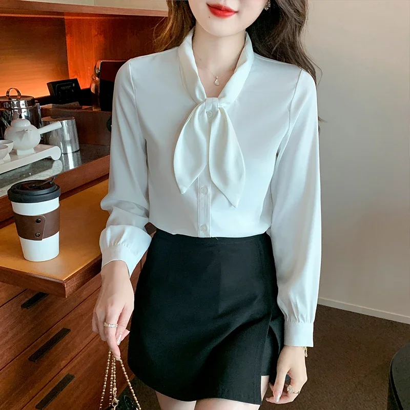 Fashion Long Sleeve Bow Collar Women Shirt New White Chiffon Shirt Blouse Women Tops Shirts Blusas Para Mujer Blusas 2024 F265