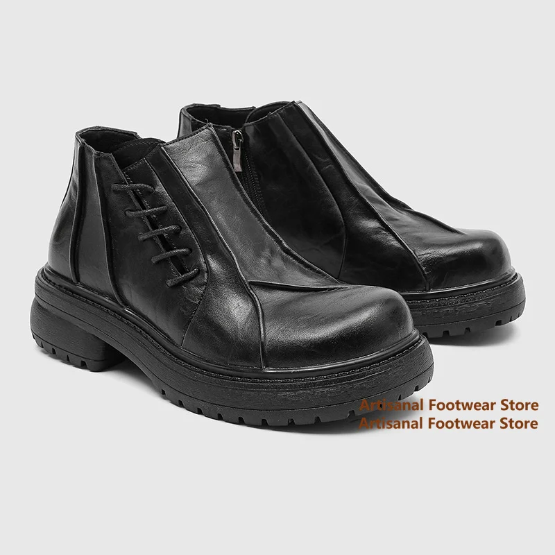 

Wrinkled Leather Derby Shoes Black Leather Big Toe High Top Men's Boots Side Zipper Autumn and Winter British Style Men's Shoes