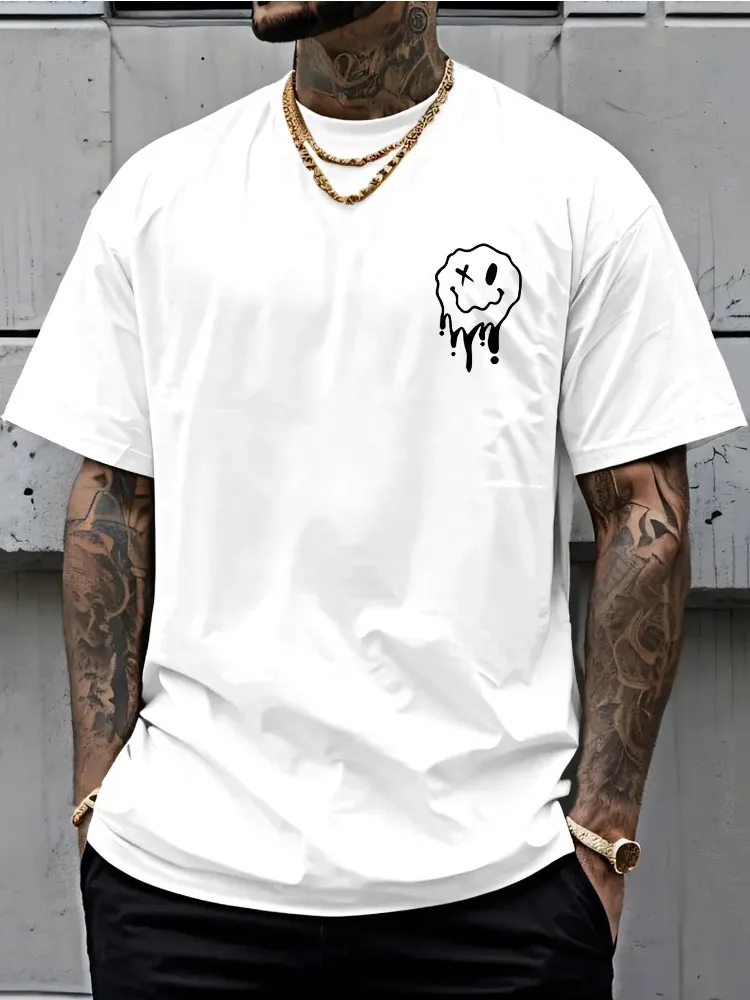 2026 Summer Best-selling Men's Pure Cotton T-shirt Street Casual Fashion Soft and Breathable Simple Smile Pattern Print