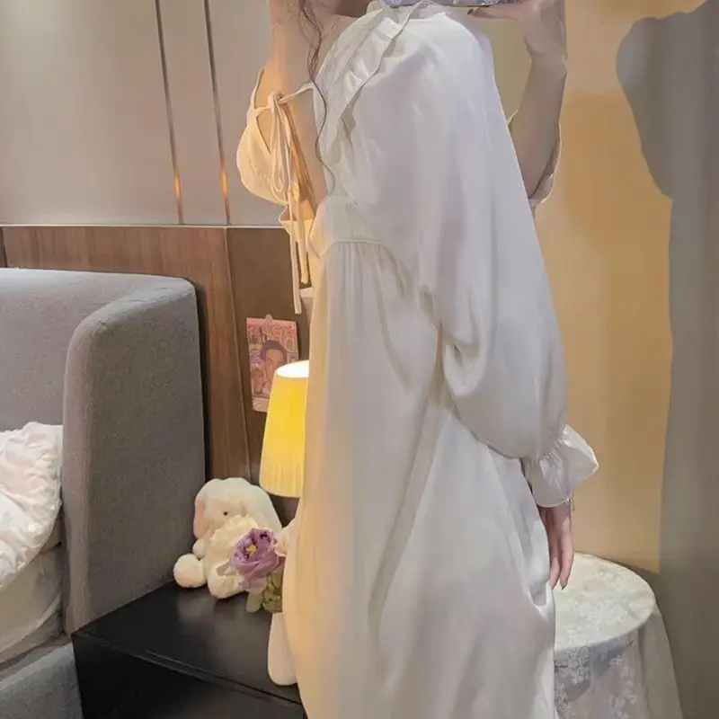 Silk Midi Nightgowns Women Skin Friendly Square Neck Flying Sleeve Solid Home Clothes Princess Style Female Clothes Chic Elegant