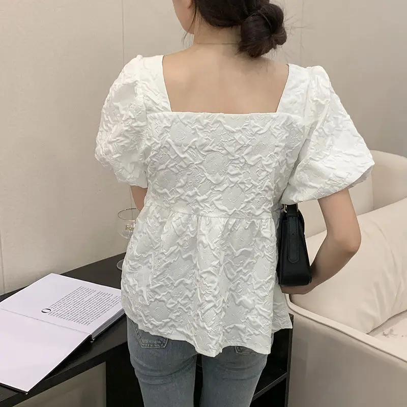 Women\'s Clothing Trendy Pleated Texture Square Collar White Kawaii Blouse 2023 Summer Sweet Chic Puff Short Sleeve Shirts Blusas