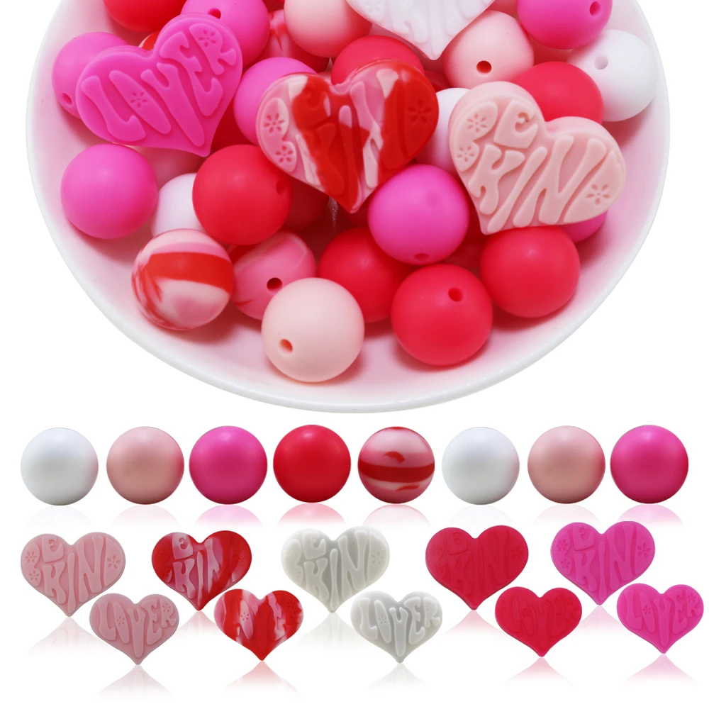 

85Pcs Set Valentine’s Day Silicone Beads Heart Shape Be Kinds Round Loose Spacer Beads Jewelry Necklaces Keychain Making