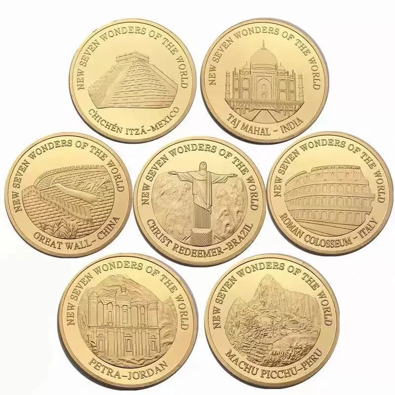 7pcs / Set Seven Wonders Challenge Coin Gold Plated Badge World Architecture Gold Coin Decoration Commemorative Coin Collection