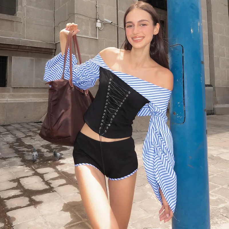 

Fashion 2 piece sets Women Off-shoulder Lace-Up Stripe Long Sleeve Patchwork Crop Top+Shorts Streetwear Matching Suits