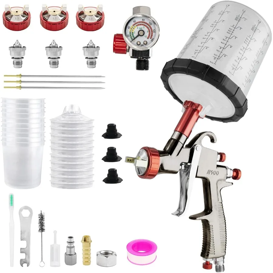 مسدس رش R500 LVLP مع كوب خلط 650 مل و10 أكواب للاستعمال مرة واحدة تتضمن فوهات 1.3 مم 1.7 مم و2.0 مم للتحكم الدقيق I
