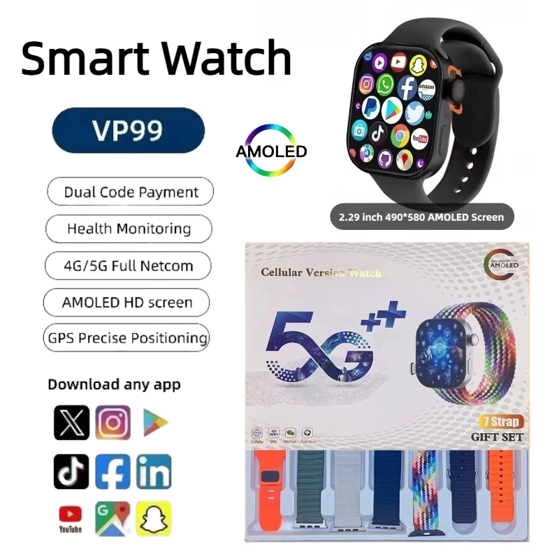 

HOT VP99 Smart Watch Android OS 4G/5G LTE 2.29 Inch AMOLED GPS WIFI SIM Card Camera NFC Large Battery Smartwatch For Men Women
