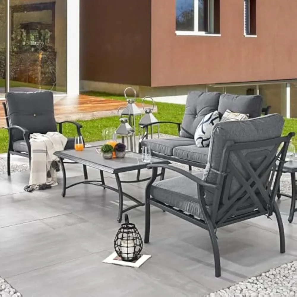 

5 Pieces Patio Conversation Set Metal Outdoor Furniture Chairs with Cushions & Tile-Top Side Table (Dark Grey)