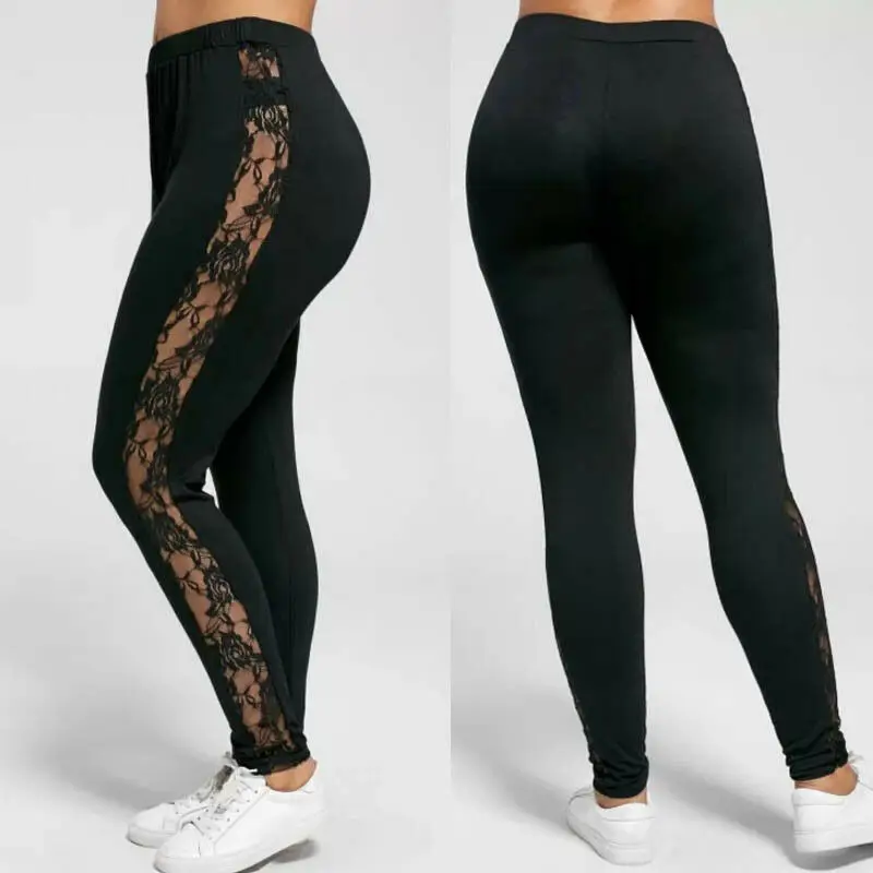 Women\'s Ladies Floral Lace High Waist Pants Side Panel Cut Out Black Leggings Plus Size Ladies Clothes Patchwork Trousers