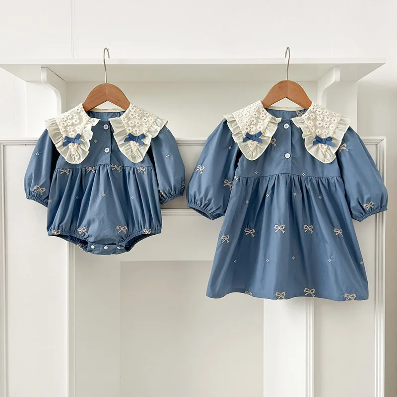

2025 Spring Autumn Korean Style Baby Girls Princess Dress with Embroidery Bow Matching Sister Outfit Long Sleeve Romper