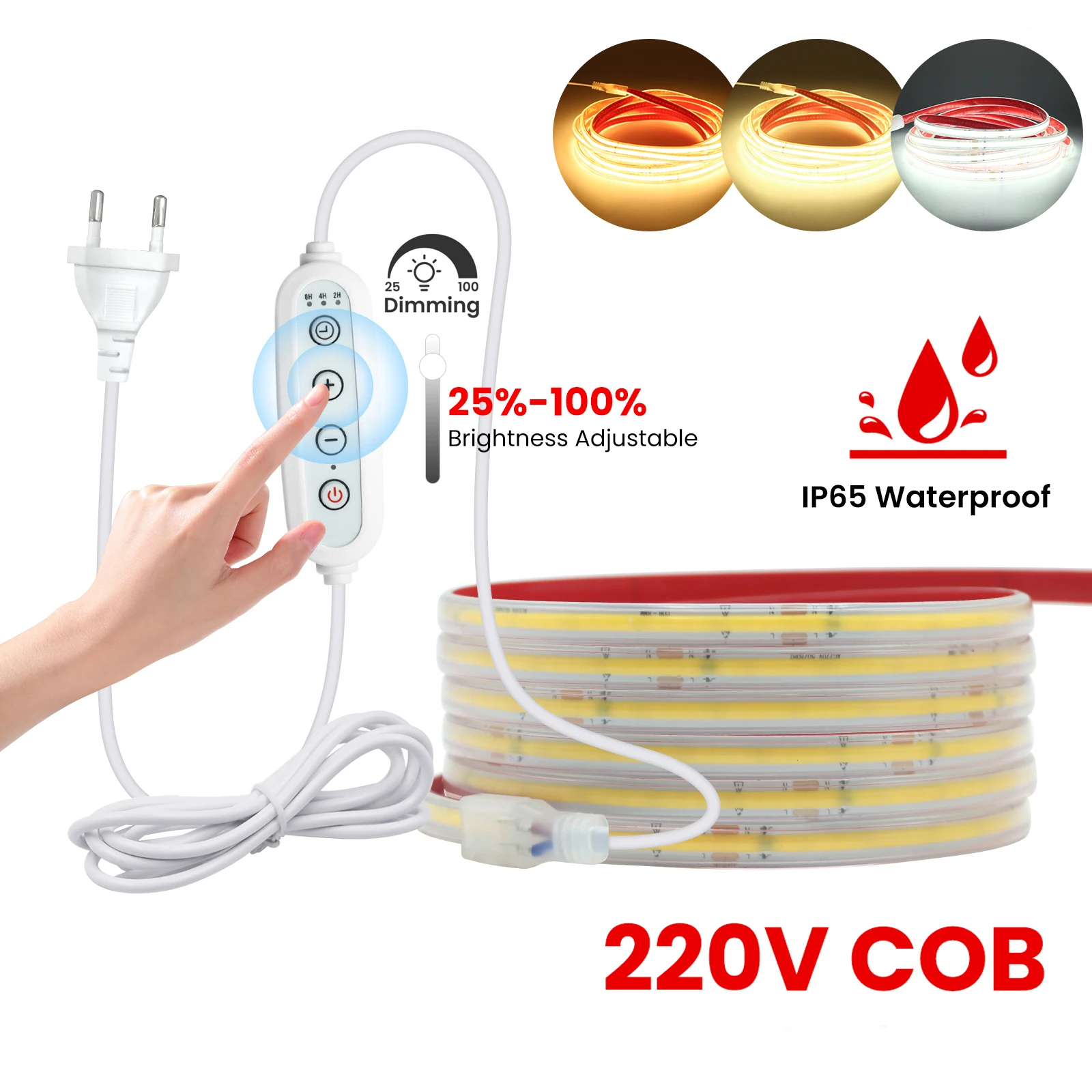 220V COB LED Strip With Adhesive Tape Dimmable Power EU Plug 240LEDs/m Waterproof LED Neon Lights 10cm Cuttable COB Light Strip