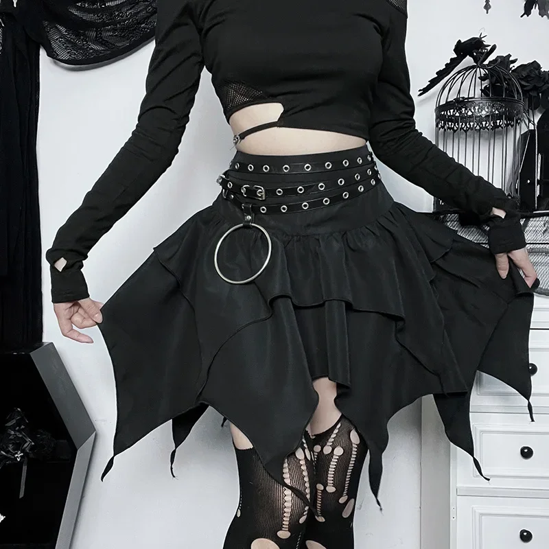 New Sexy Women Gothic Punk Irregular Skirts Solid Color Drawstring Tie-Up Ruched Ruffles Mini Skirt Summer Fashion Short Skirts