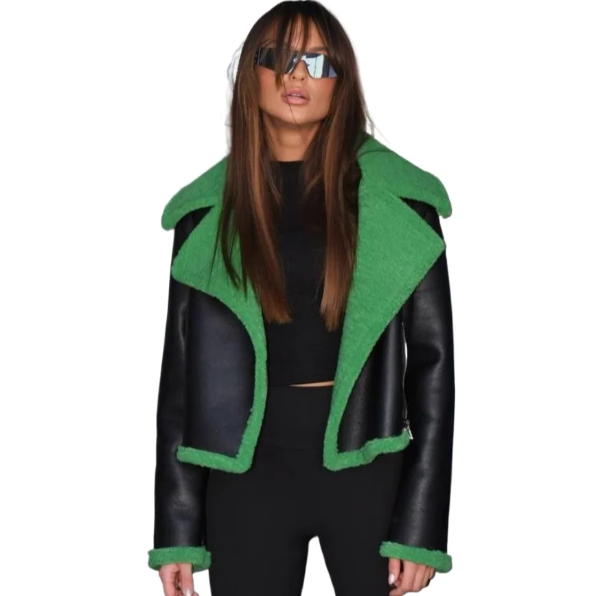 Double Faced Fur Jacket Women Winter Motorcycle Faux Leather Jackets Green Patchwork Black Lamb Fur Coat Lapel Zipper Overcoats