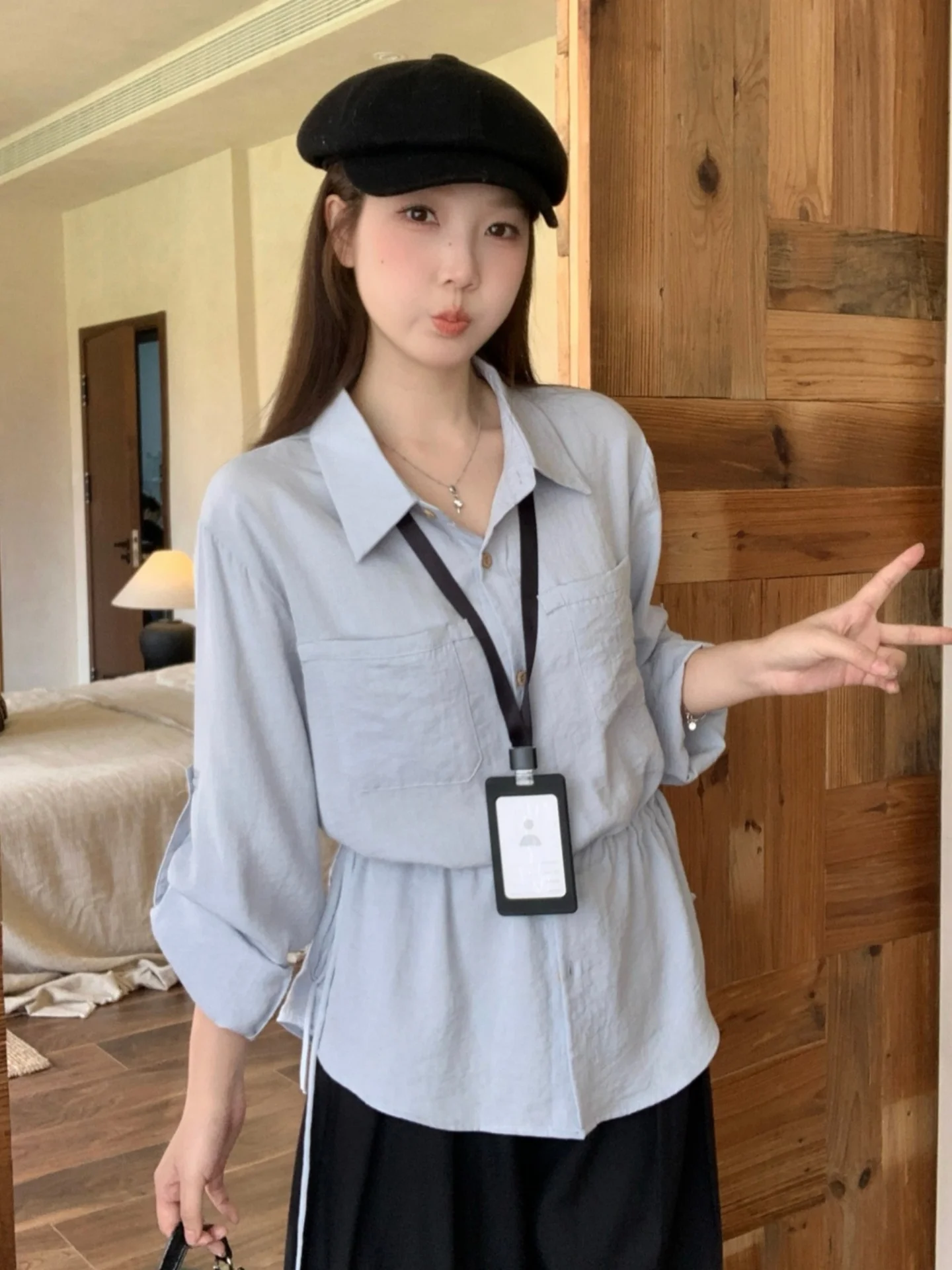 

Slimming Design Long Sleeve Collar Base Shirt Women's Spring Autumn plus Size Conceal Belly Drawstring Waist Shirt