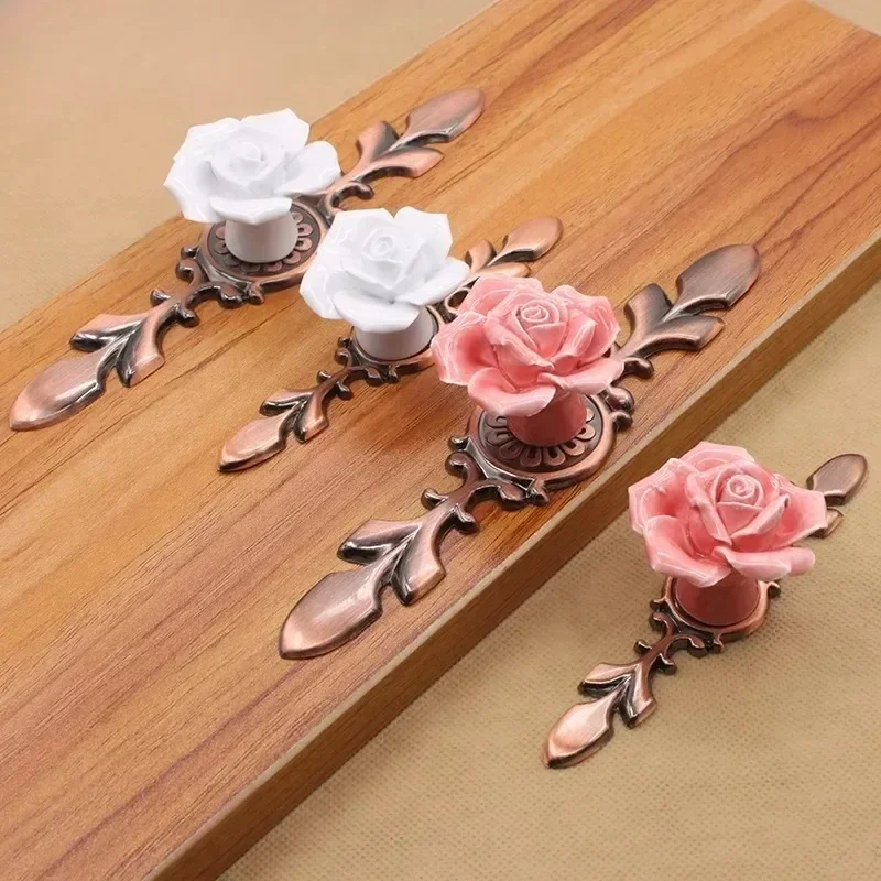 Vintage Furniture Handle Door Knobs Drawer Cupboard Kitchen Pull Handle Rose Flower Ceramic Cabinet Handles Retro Hardware
