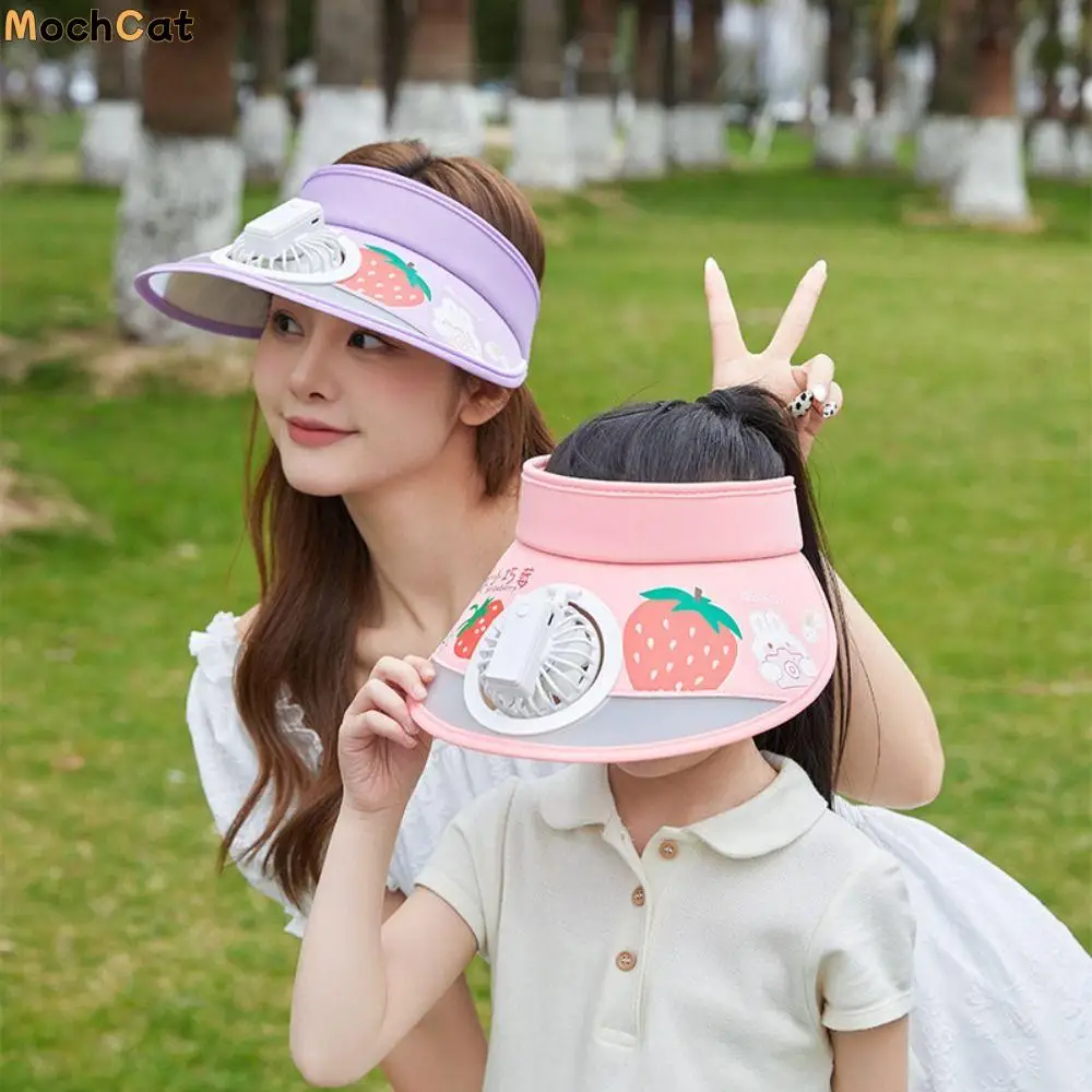 

Cute Durable Sun Protection Cooling Large Brim With Fan Cartoon Fan Sunshade Hat Kid Cap Parent-Child Cap Fan Cooling Hat