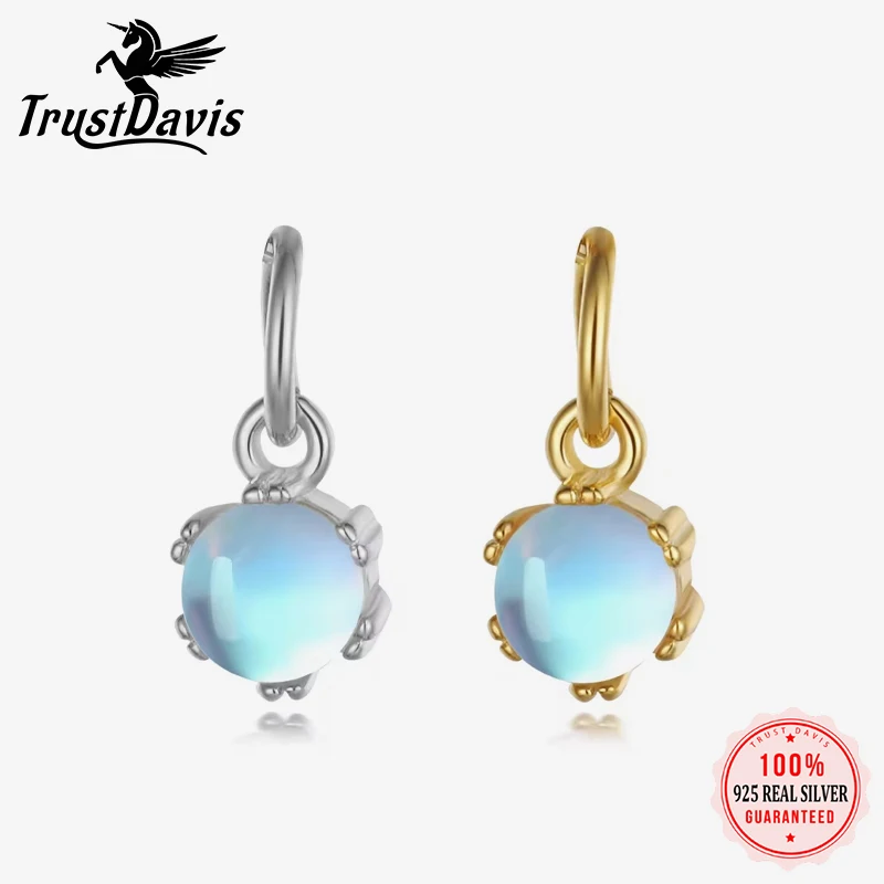 TrustDavis Real 925 Sterling Silver Fashion Round Moonstone Charm Pendant Handmade DIY Accessories Fine Jewelry Wholesale HY316