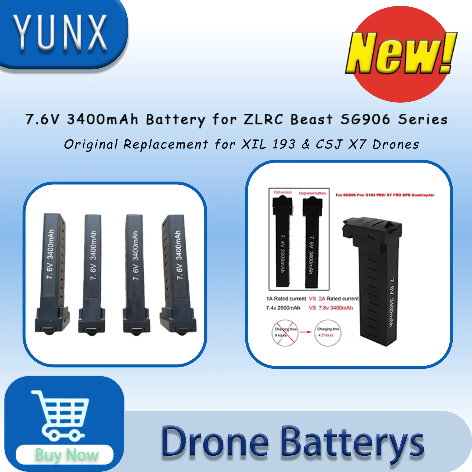 

YUNX 7.6V 3400mAh Li-Po Battery for ZLRC Beast SG906 Pro 2 MAX XIL 193 CSJ X7 RC Drone