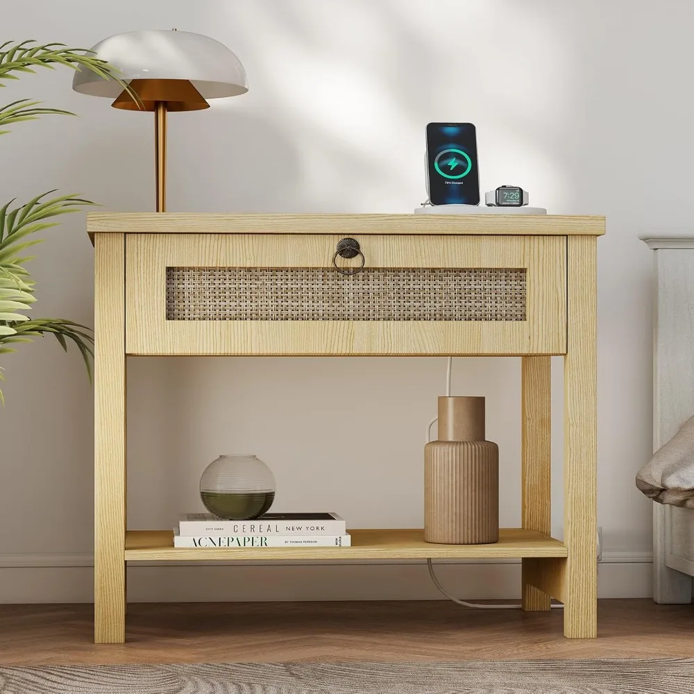 

Large Night Stand with Drawers and Open Shelf, Farmhouse Bedroom Nightstand with Charging Station, 27.5 Wide Boho Bedside End Ta