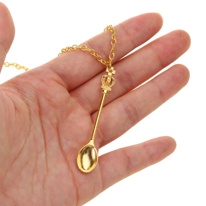 Women's Fashion Vintage Crowns Mini Teaspoon Pendant Necklace Long Chain Jewelry Gift Attractive Processing Necklace