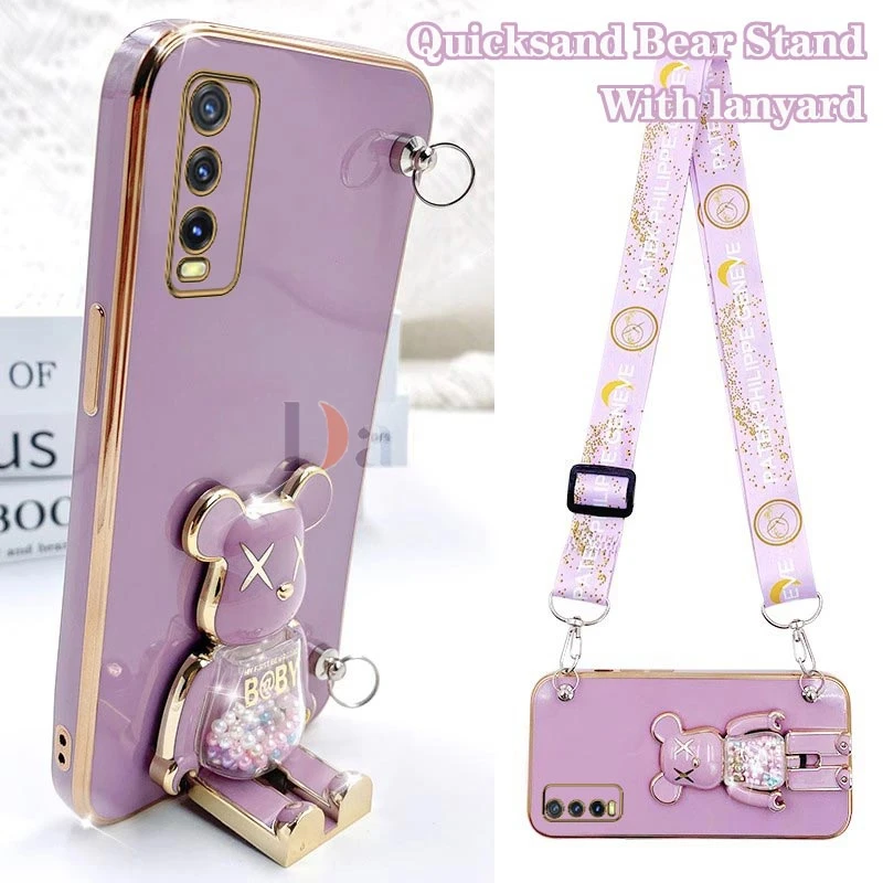 Cartoon Bear Lanyard Plating Phone Stereoscopic Holder Case For VIVO Y20 Y30 Y50 Y91 Y21S Y76 Y20i V25 Y01 S1 Pro V25E Y19 Cover