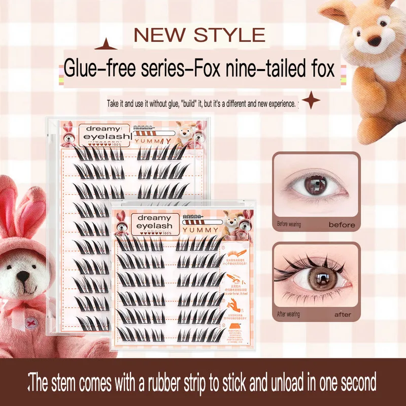 Nine-Tailed Fox Chinese-Style Natural False Eyelashes Glue-Free Thick Slanted Segmented Eyelashes for Eye Makeup