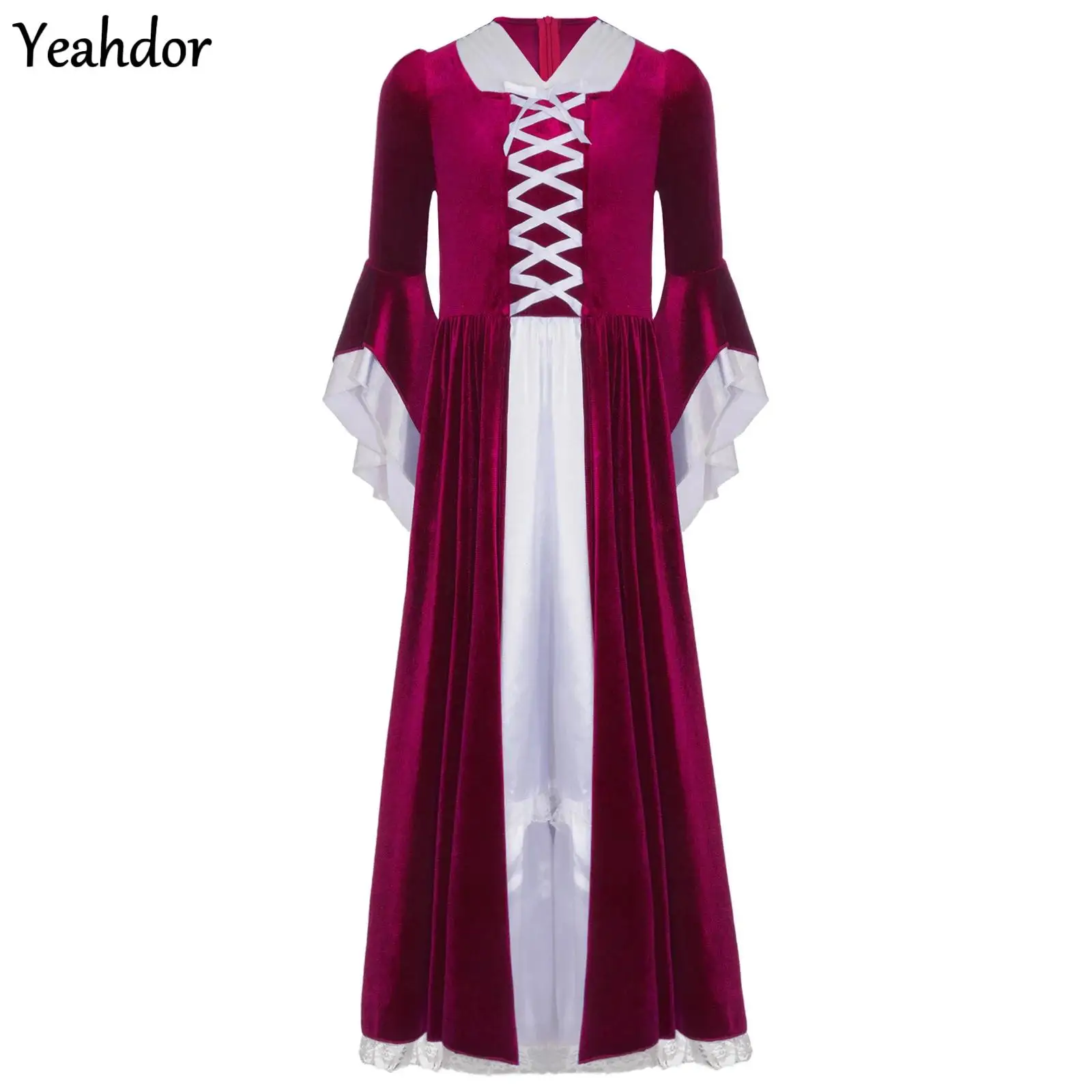 

Girl Medieval Renaissance Dress Victorian Princess Gown Long Bell Sleeve Lace Trim Maxi Dress Robe Halloween Cosplay Performanc